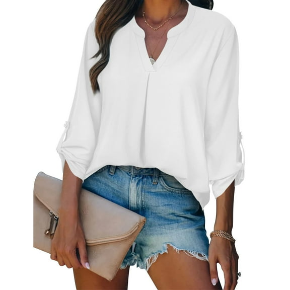 Admvng Business Casual Outfits for Women Fashion Casual V-Neck 3/4 Sleeve Work Shirt Solid Chiffon Tunic Office Pullover Top S-2XL