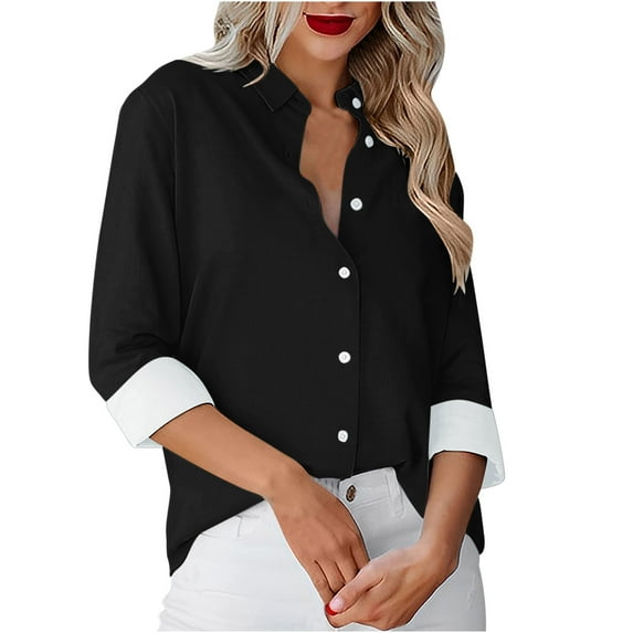 Admvng Button Down Shirts For Women Solid Color Casual Long-sleeved Business Work Shirt Casual Loose Tops S-2XL