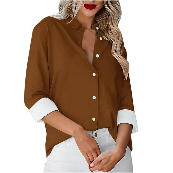 Admvng Button Down Shirts For Women Solid Color Casual Long-sleeved Business Work Shirt Casual Loose Tops S-2XL