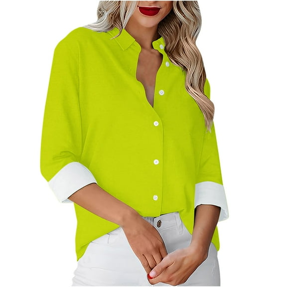 Admvng Button Down Shirts For Women Solid Color Casual Long-sleeved Business Work Shirt Casual Loose Tops S-2XL