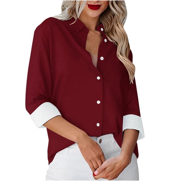 Admvng Button Down Shirts For Women Solid Color Casual Long-sleeved Business Work Shirt Casual Loose Tops S-2XL