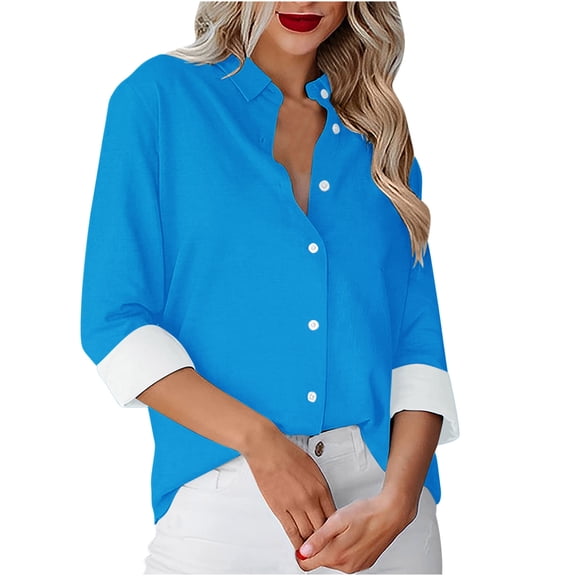 Admvng Button Down Shirts For Women Solid Color Casual Long-sleeved Business Work Shirt Casual Loose Tops S-2XL
