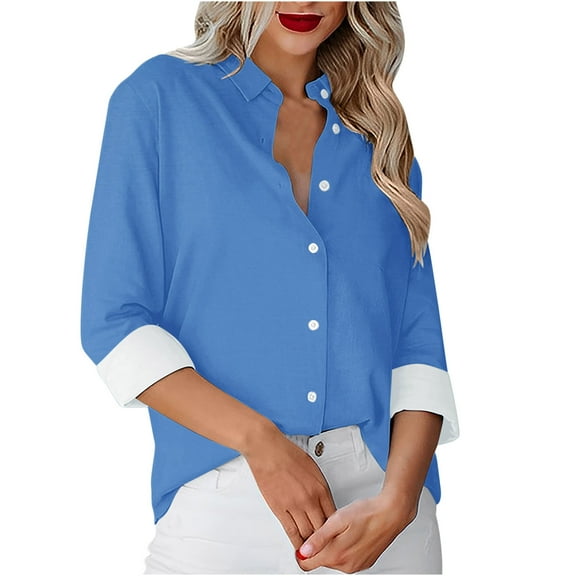 Admvng Button Down Shirts For Women Solid Color Casual Long-sleeved Business Work Shirt Casual Loose Tops S-2XL