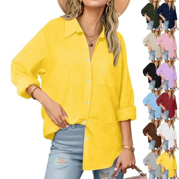 Admvng Button Down Shirts For Women Solid Color V Neck Long Sleeve Loose Collared Cotton Linen Womens Tops With Pocket S-5XL
