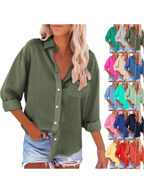 Button Down Shirts for Women Solid Color Lapel Casual Button Up Long Sleeved Shirt S-2XL