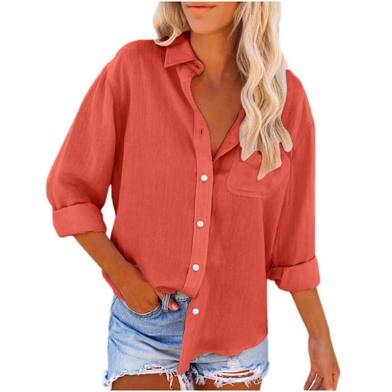 Admvng Button Down Shirts for Women Solid Color Lapel Casual Button Up Long Sleeved Shirt S-2XL