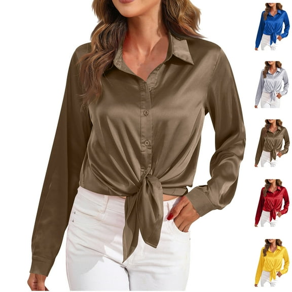 Admvng Button Down Shirts for Women Solid Color Long Sleeve Blouse Casual Lapel Shirt Top S-2XL