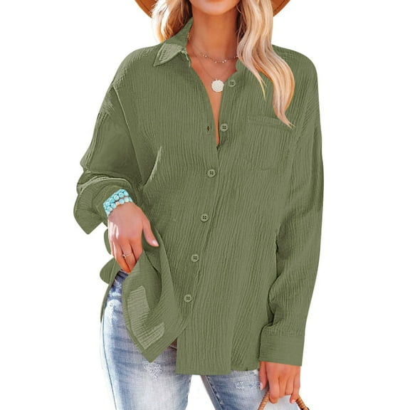 Admvng Button Down Shirts for Women Solid V-neck Casual Button Long Sleeved Pocket Shirt Top S-2XL