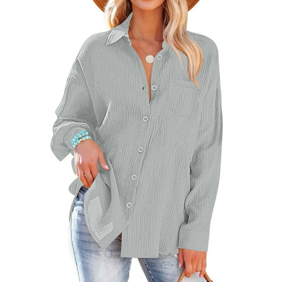 Admvng Button Down Shirts for Women Solid V-neck Casual Button Long Sleeved Pocket Shirt Top S-2XL