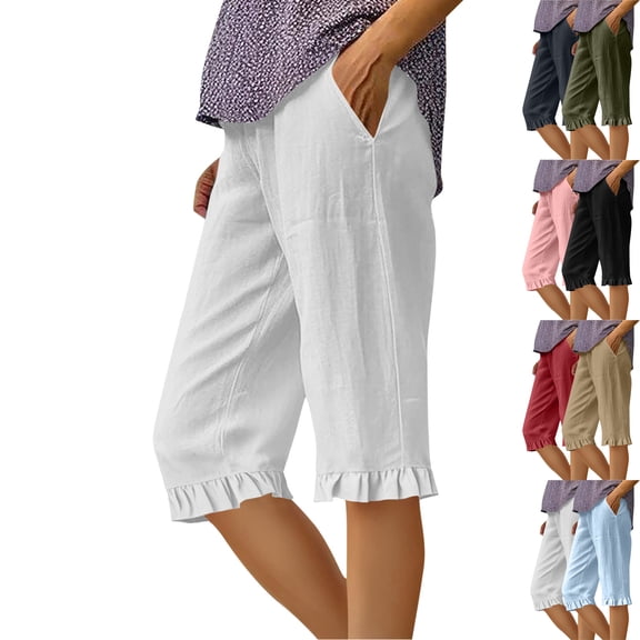 Admvng Capri Leggings for Women Cotton Linen Solid Color Loose Straight Tube with Pocket Hem Lace Design S-2XL