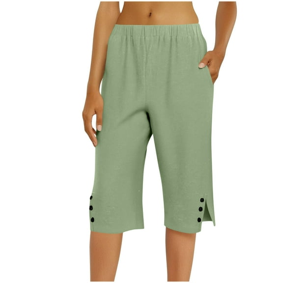 Admvng Capri Pants for Women Cotton Loose High Waist Button Trim Casual Trousers with Pockets S-2XL