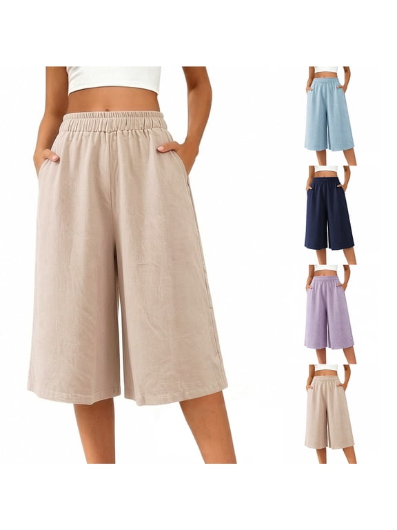 Capri Pants for Women Wide Leg Plus Size Elastic Waist Cropped Pants Culottes