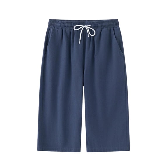 Admvng Capris Pants for Men Linen Solid Elastic Drawstring Waist Big & Tall Pocket Lightweight Casual Cropped Pants