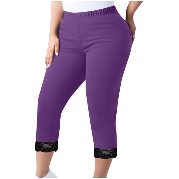 Admvng Capris for Women Plus Size Solid Elastic Waist Lace Yoga Pants Capris