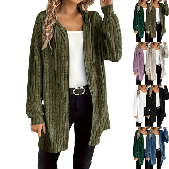 Admvng Cardigan Sweaters For Women Cable Knitted Zip Up Hoodie Long Sleeve Fall Winter Hooded Outerwear Sweater Coats For Women S-2XL