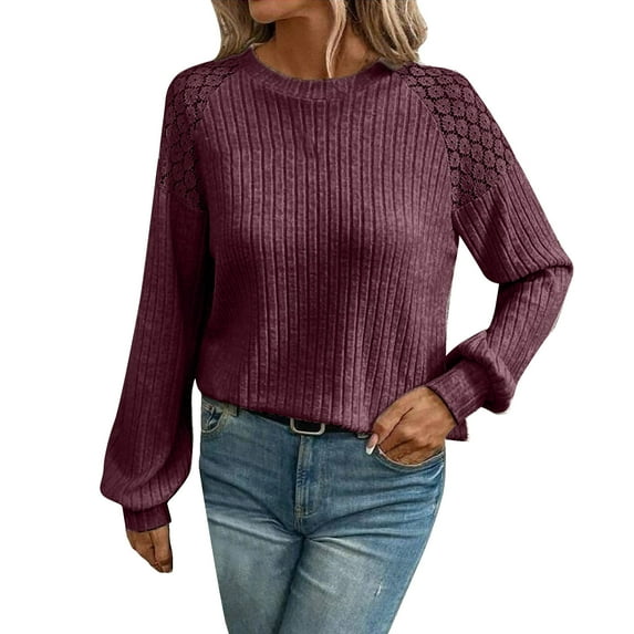 Admvng Cardigan Sweaters for Women Casual Crew Neck Lace Splicing Solid Color Pullover Long Sleeve Top, Size S-2XL