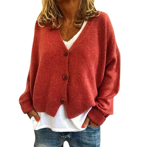 Admvng Cardigan Sweaters for Women Solid Color Casual Coat Knitted Button Up Long Sleeved V-neck Sweater, Size S-3XL