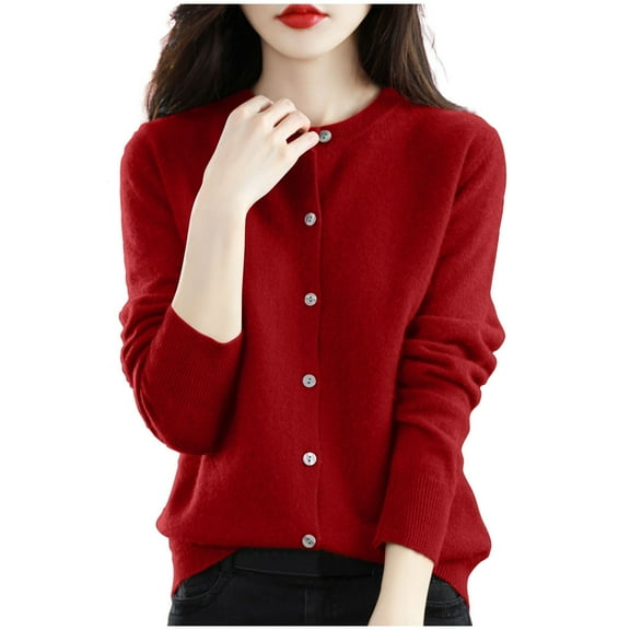Admvng Cardigan for Women Solid Color Button up Long Sleeved Round Neck Knitted Sweater Thin Cardigan Sweater Top M-2XL