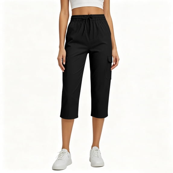 Admvng Cargo Capris for Women Elastic Drawstring Waist Pocket Breathable Cropped Pants