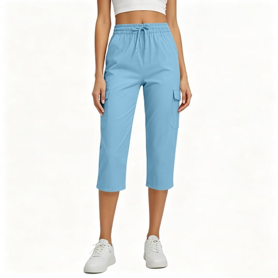 Admvng Cargo Capris for Women Elastic Drawstring Waist Pocket Breathable Cropped Pants