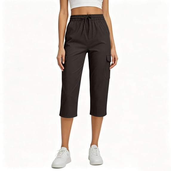 Admvng Cargo Capris for Women Elastic Drawstring Waist Pocket Breathable Cropped Pants