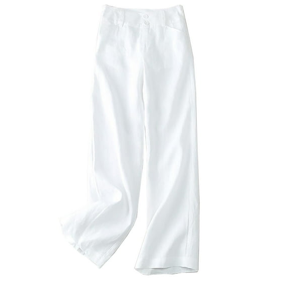 Admvng Casual Pants for Women Elastic High Waist Slim Cotton Hemp Wide Leg Pants M-3XL
