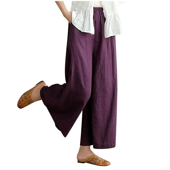 Admvng Casual Pants for Women Pants for Casual Summer Elastic High Waist Linen Pant Pockets Cropped Trouser M-4XL