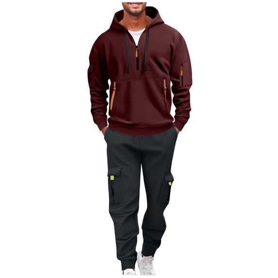 Admvng Casual Sets for Men Solid Casual Loose Drawstring Long Sleeve Hooded Workwear with Multiple Pockets Sweatshirt Set, Size S-2XL