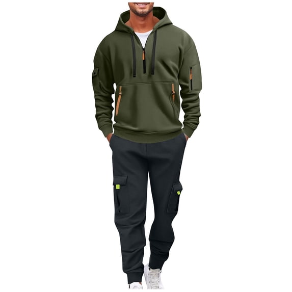 Admvng Casual Sets for Men Solid Casual Loose Drawstring Long Sleeve Hooded Workwear with Multiple Pockets Sweatshirt Set, Size S-2XL