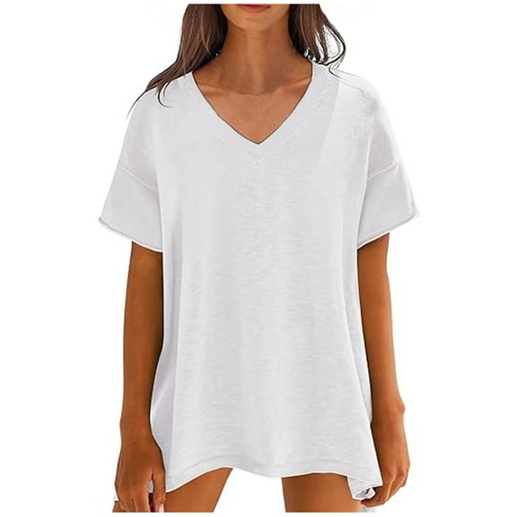 Admvng Casual Tops For Women Summer V Neck Short Sleeve Loose Fit Trendy Fashion Outfits S-2XL
