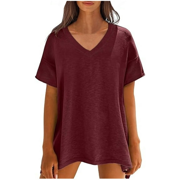 Admvng Casual Tops For Women Summer V Neck Short Sleeve Loose Fit Trendy Fashion Outfits S-2XL