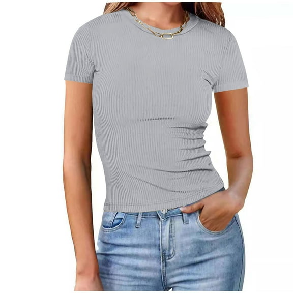 Admvng Casual Tops for Women Plus Size Round Neck Short Sleeve Summer Basic Top Blouses S-2XL