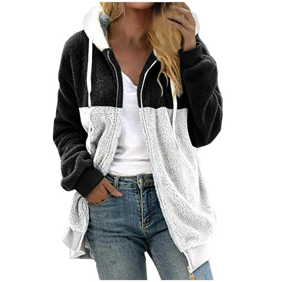 Admvng Coats for Women Plus Size Patchwork Zipper Open Front Long Sleeve Hooded Loose Outerwear with Pockets Jacket for Fall Winter S-5XL