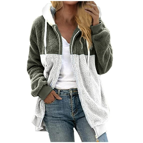 Admvng Coats for Women Plus Size Patchwork Zipper Open Front Long Sleeve Hooded Loose Outerwear with Pockets Jacket for Fall Winter S-5XL