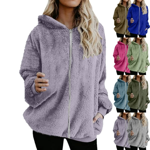 Admvng Coats for Women Plus Size Sherpa Fall Zipper Hooded Jacket Loose Long Sleeve Outwear with Pockets Womens Winter Coats S-5XL