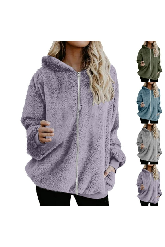 Coats for Women Plus Size Sherpa Fall Zipper Hooded Jacket Loose Long Sleeve Outwear with Pockets Womens Winter Coats S-5XL