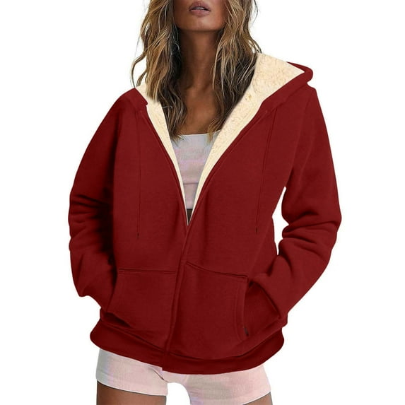 Admvng Coats for Women Solid Color Zipper Long Sleeve Casual Fleece Hooded Pocket Coat Winter Clothing for Women S-4XL