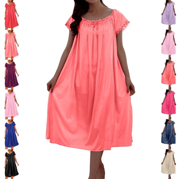 Admvng Cotton Nightgowns for Women Solid Color Short Sleeve Drawstring Loose Soft Comfortable Sleeping Dresses M-2XL