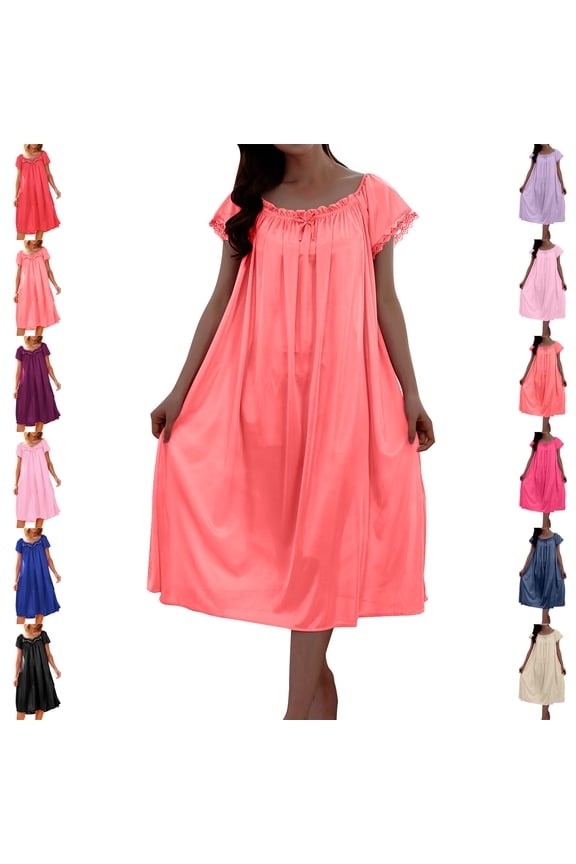 Cotton Nightgowns for Women Solid Color Short Sleeve Drawstring Loose Soft Comfortable Sleeping Dresses M-2XL
