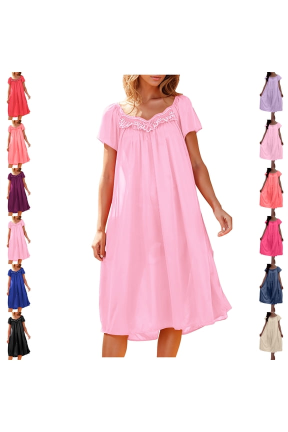 Cotton Nightgowns for Women Solid Color Short Sleeve Drawstring Loose Soft Comfortable Sleeping Dresses M-2XL