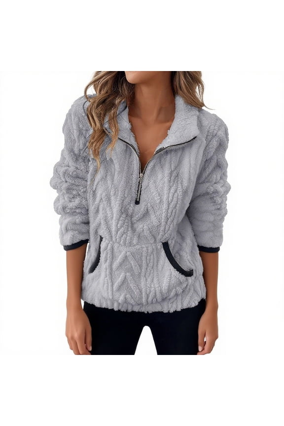 Crewneck Sweatshirts Women Zip Pullover Fuzzy Fleece Lapel Sweatshirt Long Sleeve Tops with Pockets, Size S-2XL