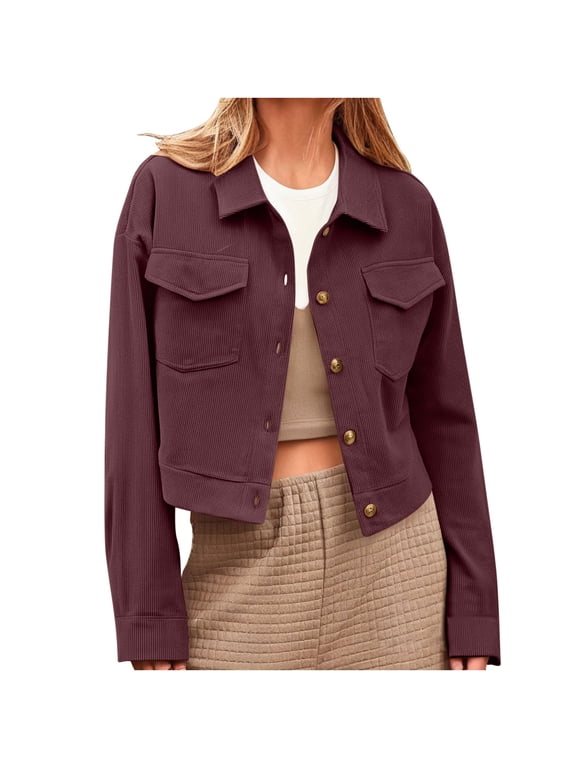Cropped Shacket Jacket for Women Long Sleeve Pocket Short Casual Coat