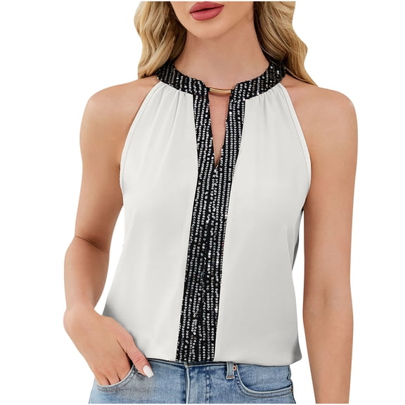 Admvng Cute Tops For Women Hanging Neck Patchwork Sequin Fashionable Sleeveless Top S-2XL