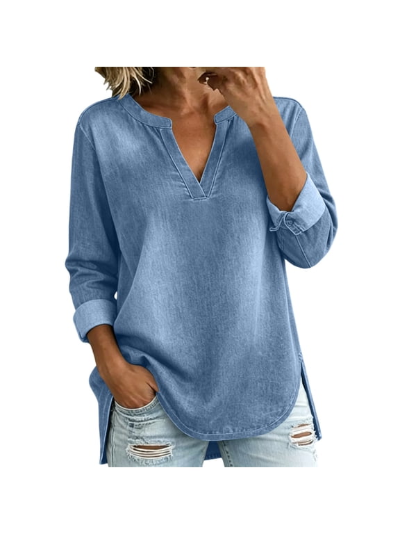 Denim Blouse for Women Side Split Lightweight Washed Jean Casual Summer Shirt