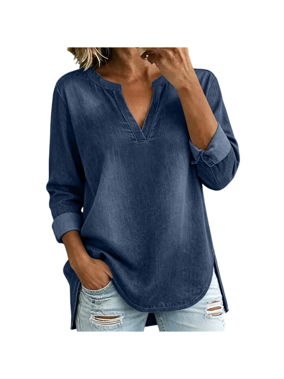 Denim Blouse for Women Side Split Lightweight Washed Jean Casual Summer Shirt