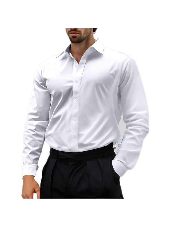 Admvng Dress Shirts for Men Flax Long Sleeve Button Turn-down Solid Color Breasted Shirt,Sizes S-2XL