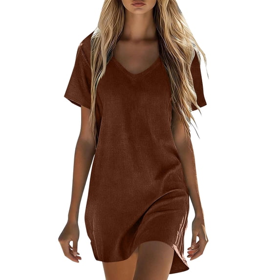 Admvng Dress for Women Solid Soft Short Sleeve V Neck T Shirt Dress