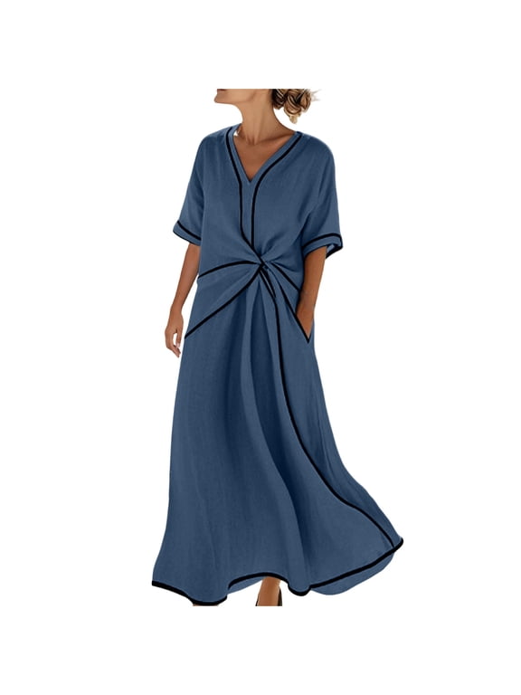 Dress for Women Twist Front Short Sleeve V Neck Casual Summer Pocket Dress