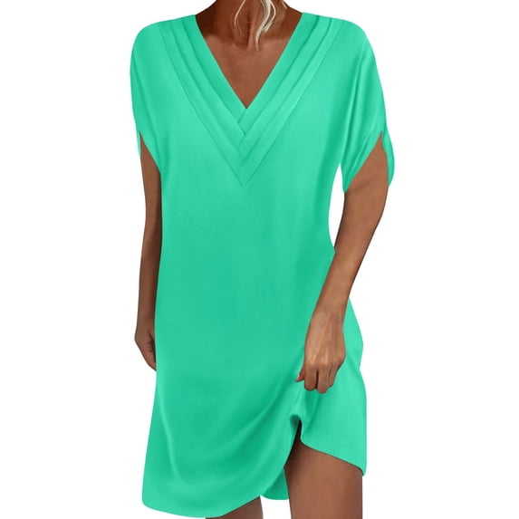 Admvng Dress for Women V Neck Pleated Casual Stretchy Summer Basic Dress
