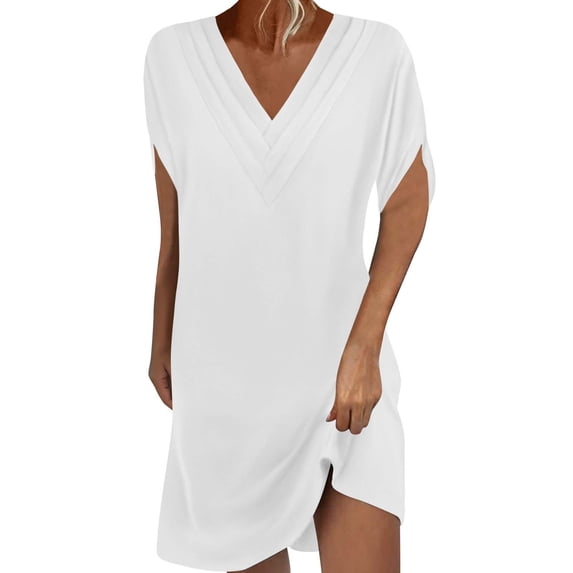 Admvng Dress for Women V Neck Pleated Casual Stretchy Summer Basic Dress